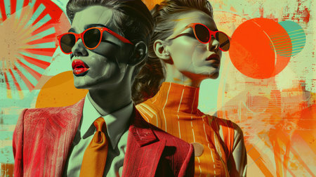 Vibrant Fashion Art: Modern Couple, Bold Colors, Stylish Sunglasses, Abstract Background, Trendy Clothingの素材
