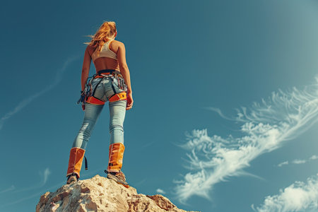 Female Rock Climber Standing on Summit, Enjoying View, Wearing Gear, Adventure and Outdoor Explorationの素材