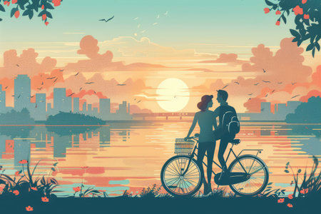 Couple Enjoying Sunset by the Lake with Bicycles in Serene Urban Parkの素材