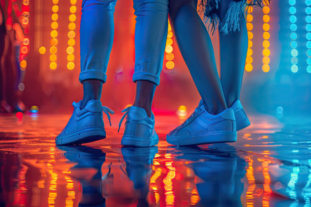Trendy Urban Dance Couple Wearing White Sneakers in Vibrant Neon City Lightsの素材