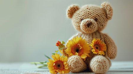 Cozy Knitted Teddy Bear with Sunflowers on Light Backgroundの素材