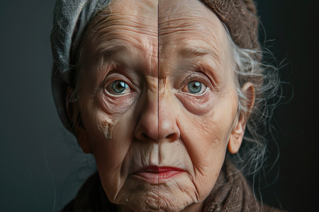 Close-Up Portrait of Elderly Woman with Wrinkles Highlighting Aging Differencesの素材