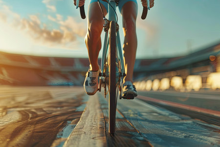 Cyclist Riding Bicycle on Track at Sunset - Focus on Legs and Wheelsの素材