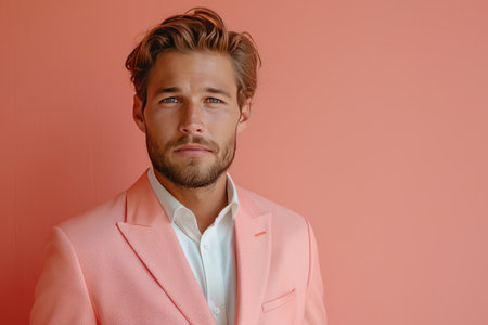 Confident Young Man in Pink Suit Posing Against Peach Backgroundの素材