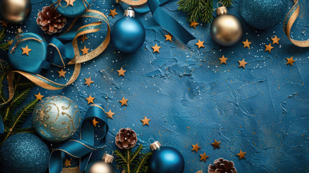 Festive Blue and Gold Christmas Decorations with Ornaments and Pine Cones on Textured Backgroundの素材