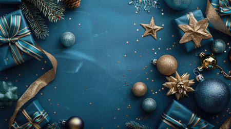 Elegant Christmas Decor with Gold and Blue Ornaments on Blue Backgroundの素材
