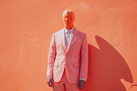 Abstract Orange-Clad Person with Mask Standing Against Coordinated Orange Wallの素材