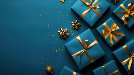 Blue and Gold Gift Boxes with Festive Decorations on a Dark Blue Backgroundの素材