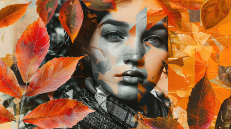 Autumn Portrait with Artistic Collage of Fall Leaves and Female Faceの素材
