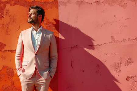 Stylish Man in Pastel Pink Suit Standing Against Vibrant Orange and Pink Wallの素材