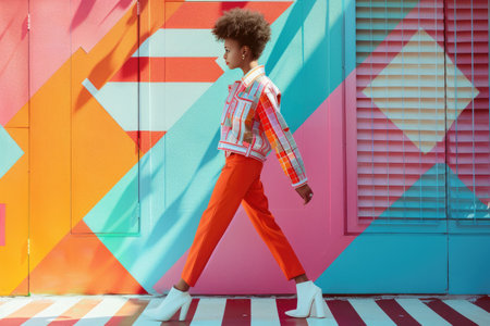 Fashionable Young Woman Walking in Front of Colorful Urban Muralの素材
