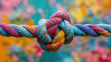 Colorful Knotted Rope Against Vibrant Background with Floral Patternsの素材