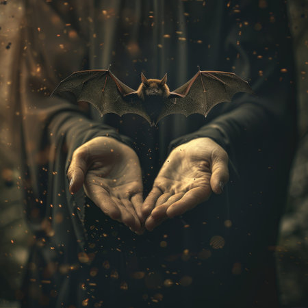 Mysterious Bat Hovering Above Outstretched Hands in Dark, Mystical Forestの素材