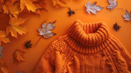 Cozy Orange Sweater with Autumn Leaves on Vibrant Orange Backgroundの素材