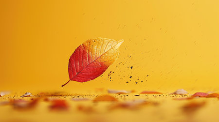 Colorful Autumn Leaf Falling on Yellow Background with Water Dropletsの素材