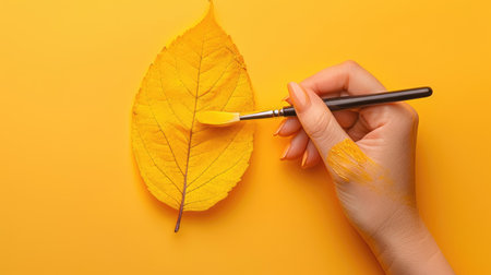 Hand Painting Yellow Leaf with Brush on Vibrant Orange Backgroundの素材