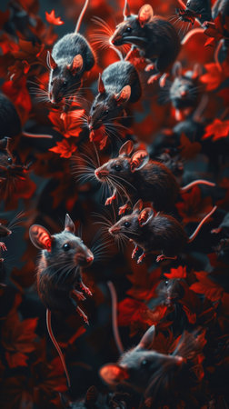 Group of Mice in Dramatic Red Light Among Flowersの素材