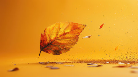 Golden Autumn Leaf Falling on a Vibrant Yellow Background with Scattered Debrisの素材