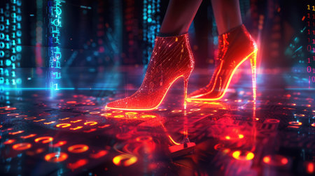 High-Tech Glamor: Futuristic High Heels in Neon Digital Backgroundの素材