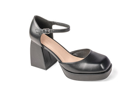 Black Block Heel Mary Jane Shoe on White Backgroundの写真素材