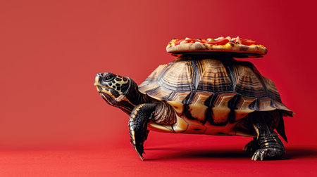 Tortoise Carrying a Pizza on Its Shell Against a Vibrant Red Backgroundの素材