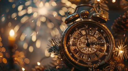 Vintage Clock with Fireworks and Christmas Decorations in Festive Holiday Settingの素材