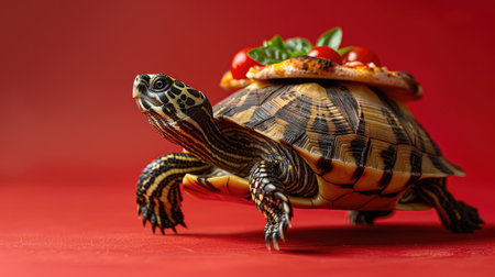 Turtle with Gourmet Pizza Shell on Red Background - Whimsical Food Conceptの素材