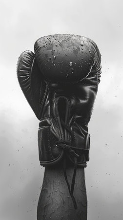 Close-Up of Wet Boxing Glove Raised in Victory Against Gray Sky Backgroundの素材