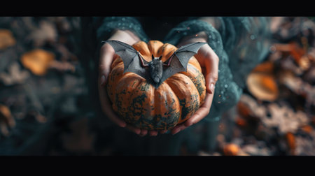 Halloween Pumpkin with Bat in Hands Amid Autumn Leaves: Spooky Seasonal Stock Photographyの素材