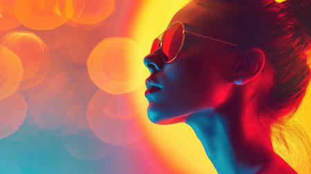 Modern Woman in Sunglasses with Neon Lights and Bokeh Backgroundの素材