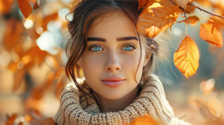 Young Woman with Blue Eyes and Orange Leaves in Cozy Autumn Sweaterの素材