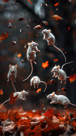 Playful White Mice Jumping Among Falling Autumn Leaves in a Forestの素材