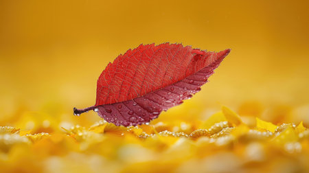 Close-Up of Red Leaf with Dewdrops on Yellow Autumn Leaves Backgroundの素材