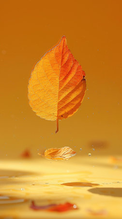 Autumn Leaf Floating in Air with Golden Background and Water Dropletsの素材