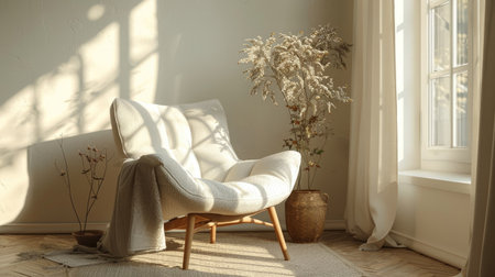 Cozy Sunlit Reading Nook with Comfortable Armchair and Natural Decor in Serene Living Spaceの素材