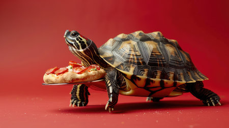 Tortoise Holding Pizza Slice on Tray with Red Backgroundの素材