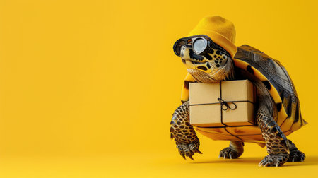 Turtle with Delivery Box Wearing Yellow Hat and Glasses on Yellow Backgroundの素材