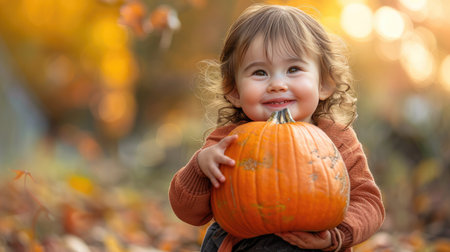 Adorable Child Holding Pumpkin During Autumn Season in a Park with Colorful Leaves and Bokeh Backgroundの素材