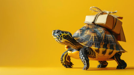 Turtle Carrying Parcel with Yellow Background - Unique Animal Stock Photographyの素材
