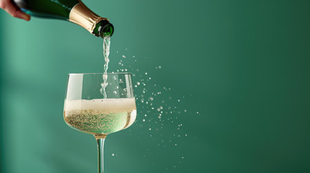 Pouring Champagne into Glass on Green Background with Bubbles and Splashの素材