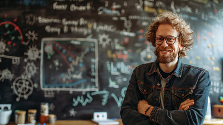 Confident Male Scientist Smiling in Front of Chalkboard with Scientific Equations and Diagramsの素材