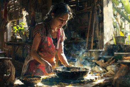 Woman Cooking Authentic Meal in Rustic Kitchen with Sunlightの素材