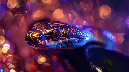 Vibrant Close-Up of Iridescent Snake in Kaleidoscopic Bokeh Backgroundの素材