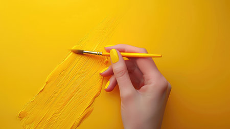 Hand Holding Yellow Paintbrush on Yellow Painted Canvas - Creative Art Conceptの素材