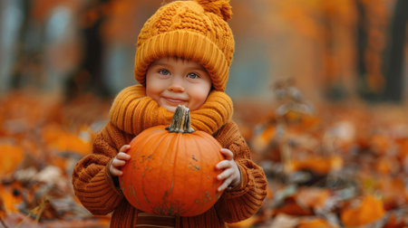 Adorable Child Holding Pumpkin in Autumn Forest with Orange Leavesの素材