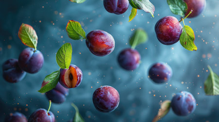 Fresh Juicy Plums Floating in Water with Sparkles and Leavesの素材