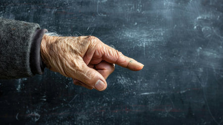 Old Man's Hand Pointing Against a Scratched Blackboard Backgroundの素材