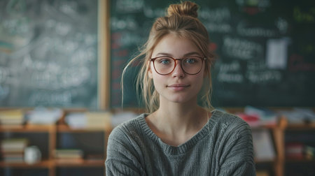 Young Woman with Glasses in Cozy Sweater in Classroom Settingの素材