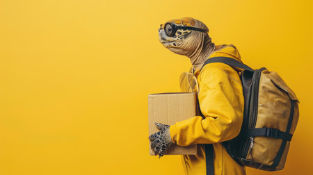 Turtle in Raincoat and Glasses Holding Cardboard Box Against Yellow Backgroundの素材