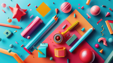 Vibrant Abstract Geometric Composition with Colorful 3D Shapes on Blue and Orange Backgroundの素材